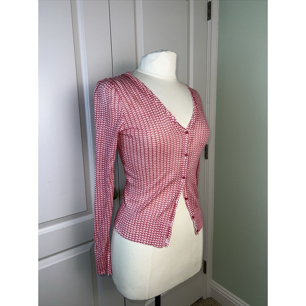 ANN TAYLOR LOFT RED WHITE BUTTON-FRONT CARDIGAN SWEATER,  SIZE Small